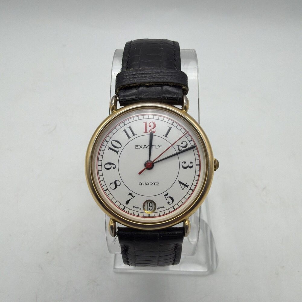 Exactly Quartz Swiss Made Date Just Watch-Gold Case Leather Band New Battery
